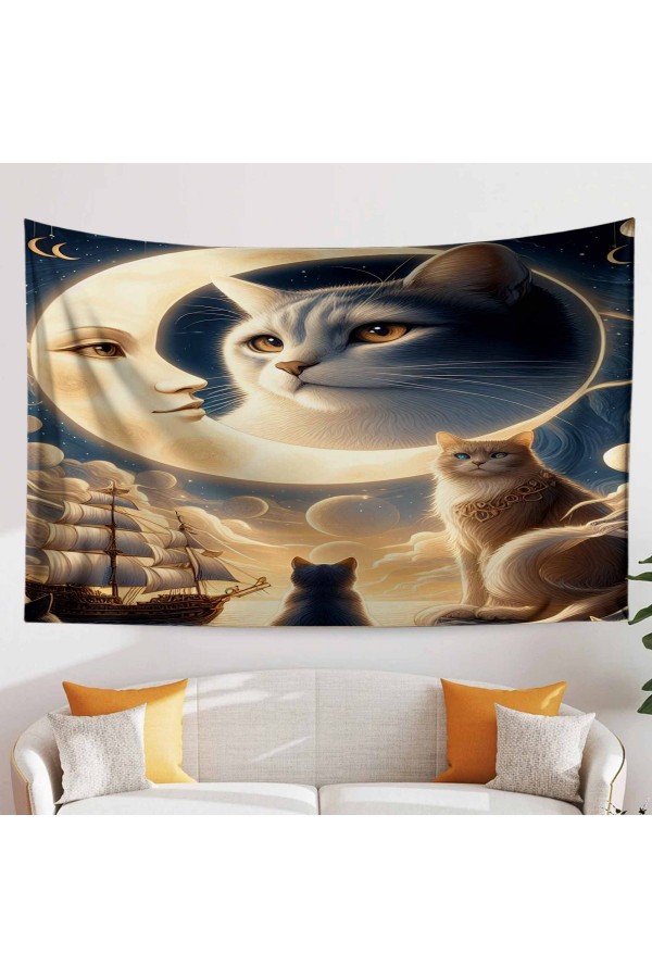 Ay Kedi Gemili Mistik Desenli Duvar Örtüsü Duvar Halısı Tapestry