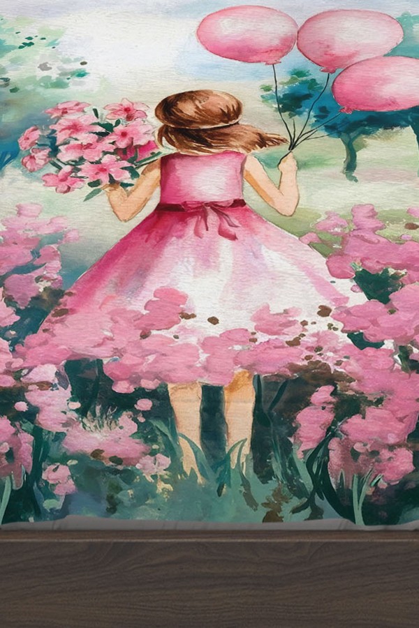 Pembe Balonlu Prenses Kız Desenli Çocuk Tek Kişilik Yastıklı Lastikli Çarşaf Takımı 100x200cm