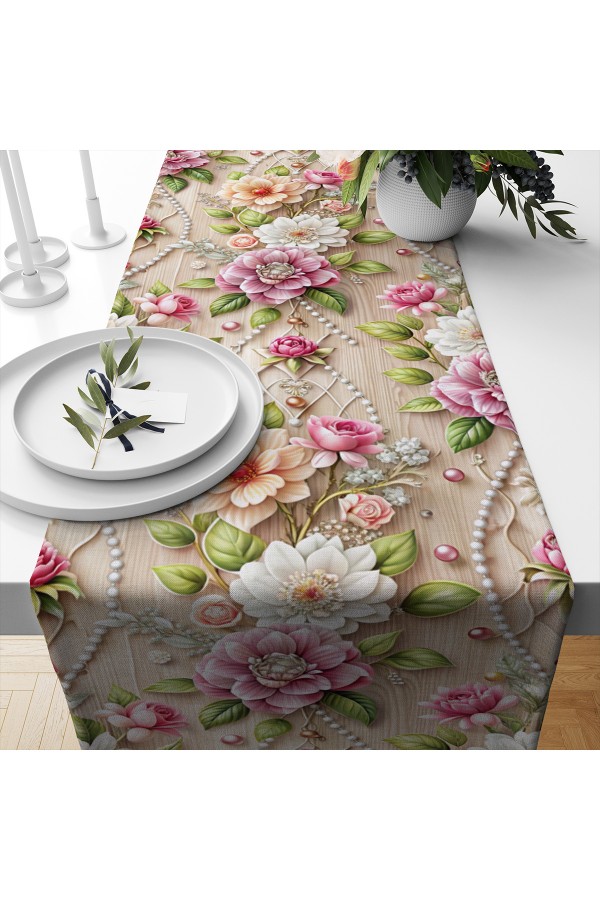 İnci Çiçekli Desenli Dijital Baskılı Leke Tutmaz Dertsiz Dekoratif Runner Örtüsü 40x140cm