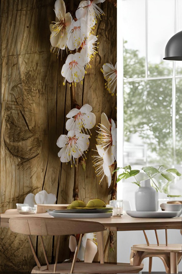 Beyaz Ayva Çiçeği Desenli Djital Baskılı Yemek Odası Mutfak Fon Perde 140x260cm