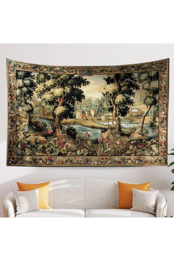 Fransız Vintage Orman Kale Desenli Duvar Örtüsü Duvar Halısı Tapestry