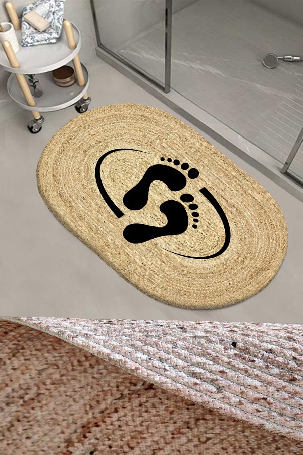 Else Ayak İzli Desenli Halat Hasır Jüt Örgü Oval Banyo Halısı Klozet Duş Önü Paspası Else Ayak İzli Desenli Halat Hasır Jüt Örgü Oval Banyo Halısı Klozet Duş Önü Paspası