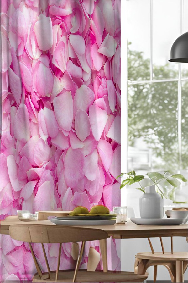 Pembe Gül Yaprakları Desenli Djital Baskılı Yemek Odası Mutfak Fon Perde 140x260cm
