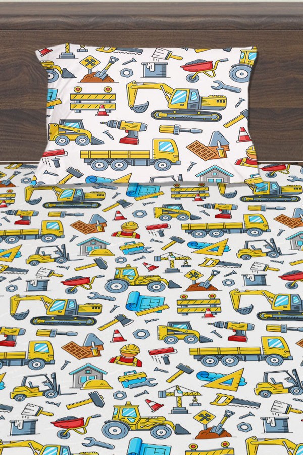 İnşaat Makineleri Kamyon Desenli Erkek Çocuk Tek Kişilik Yastıklı Lastikli Çarşaf Takımı 100x200cm