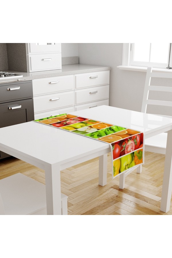 Meyveler Sebzeler Desenli Dijital Baskılı Leke Tutmaz Dertsiz Dekoratif Runner Örtüsü 40x140cm