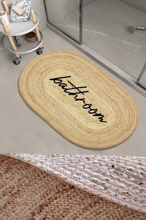 Else Bath Yazılı Desenli Halat Hasır Jüt Örgü Oval Banyo Halısı Klozet Duş Önü Paspası Else Bath Yazılı Desenli Halat Hasır Jüt Örgü Oval Banyo Halısı Klozet Duş Önü Paspası