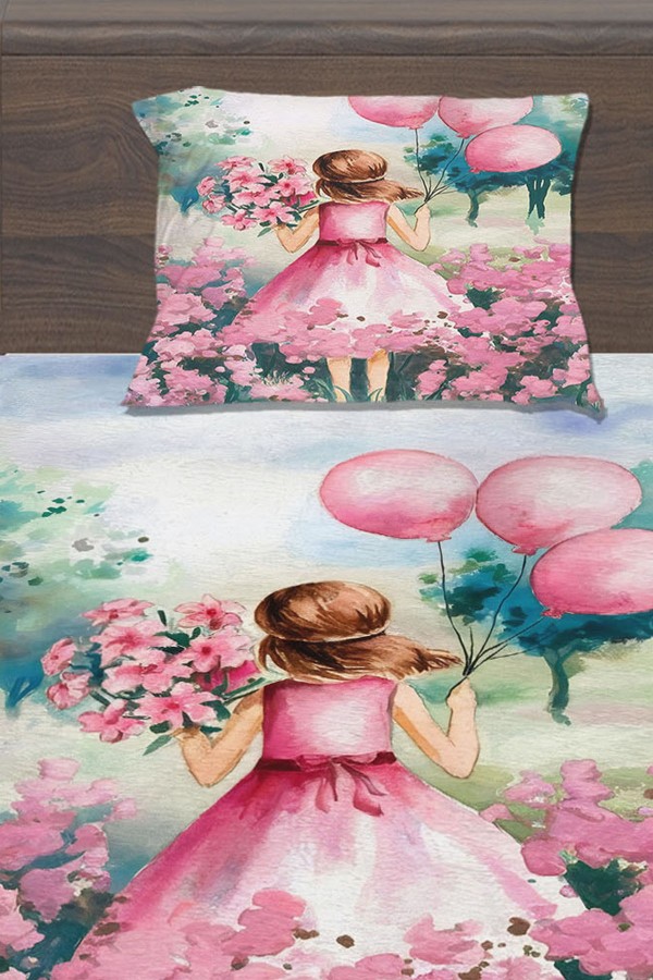 Pembe Balonlu Prenses Kız Desenli Çocuk Tek Kişilik Yastıklı Lastikli Çarşaf Takımı 100x200cm