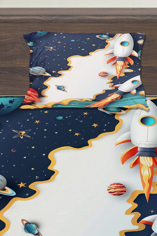 Uzay Gemisi Galaksi Desenli Erkek Çocuk Tek Kişilik Yastıklı Lastikli Çarşaf Takımı 100x200cm