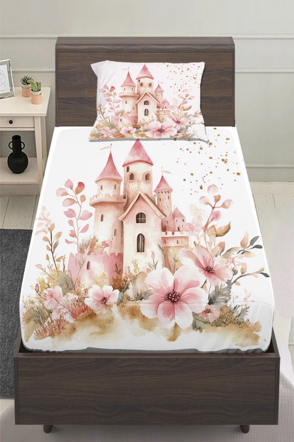 Pembe Prenses Şatolu Desenli Kız Çocuk Tek Kişilik Yastıklı Lastikli Çarşaf Takımı 100x200cm Pembe Prenses Şatolu Desenli Kız Çocuk Tek Kişilik Yastıklı Lastikli Çarşaf Takımı 100x200cm