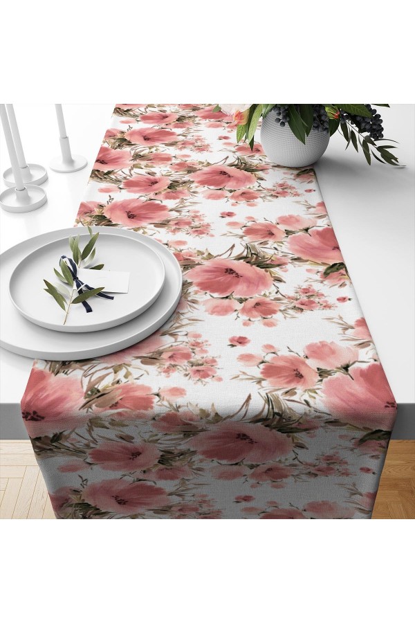 Pembe Çiçekler Desenli Dijital Baskılı Leke Tutmaz Dertsiz Dekoratif Runner Örtüsü 40x140cm