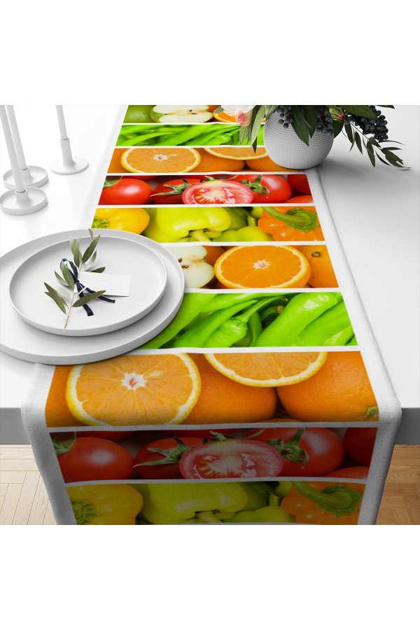 Meyveler Sebzeler Desenli Dijital Baskılı Leke Tutmaz Dertsiz Dekoratif Runner Örtüsü 40x140cm