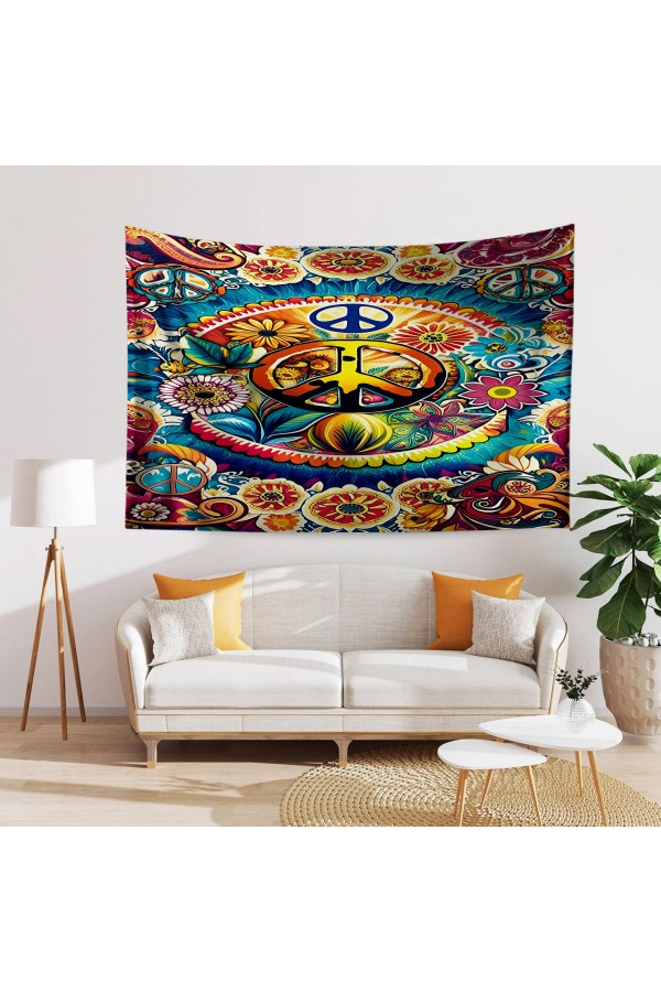 Hippi Barış Desenli Duvar Örtüsü Duvar Halısı Tapestry