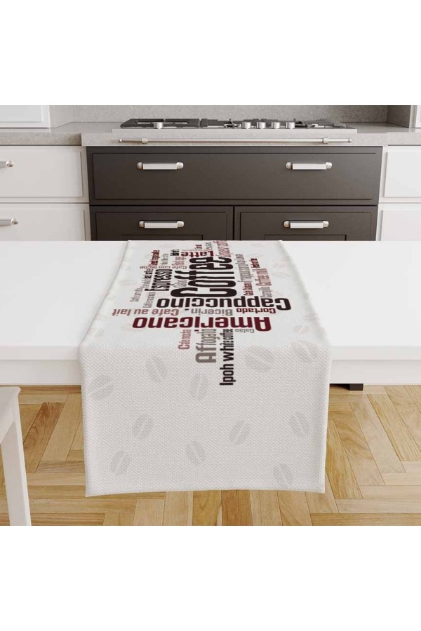 Kahve Yazılar Renkli Desenli Dijital Baskılı Leke Tutmaz Dertsiz Dekoratif Runner Örtüsü 40x140cm Kahve Yazılar Renkli Desenli Dijital Baskılı Leke Tutmaz Dertsiz Dekoratif Runner Örtüsü 40x140cm