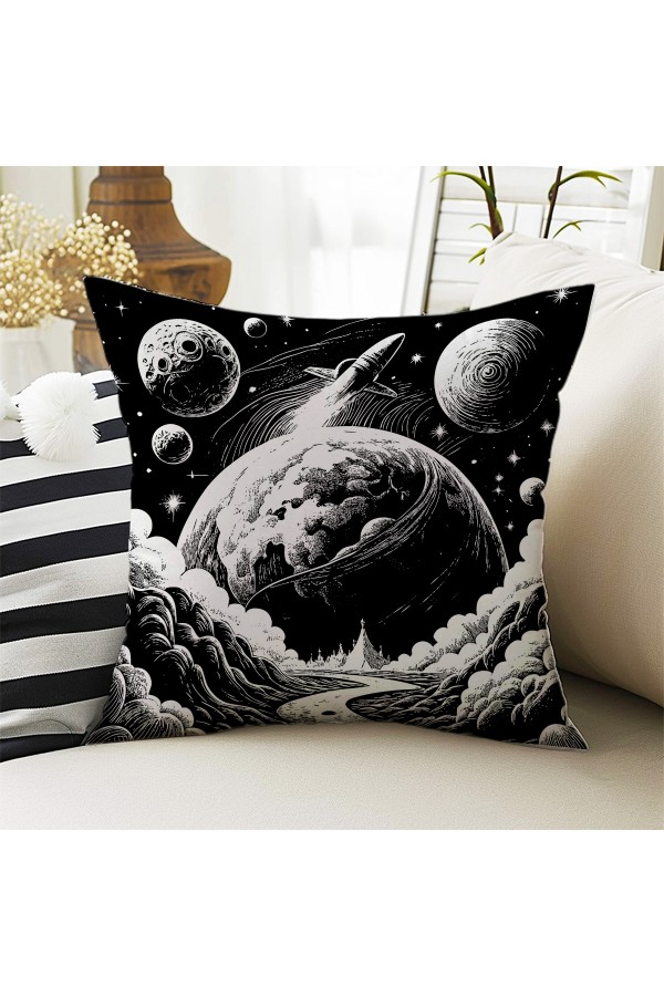Siyah Beyaz Uzay Ay Gezegen Desenli ÇocukDekoratif Çift Taraflı Kırlent Kılıfı 43x43cm