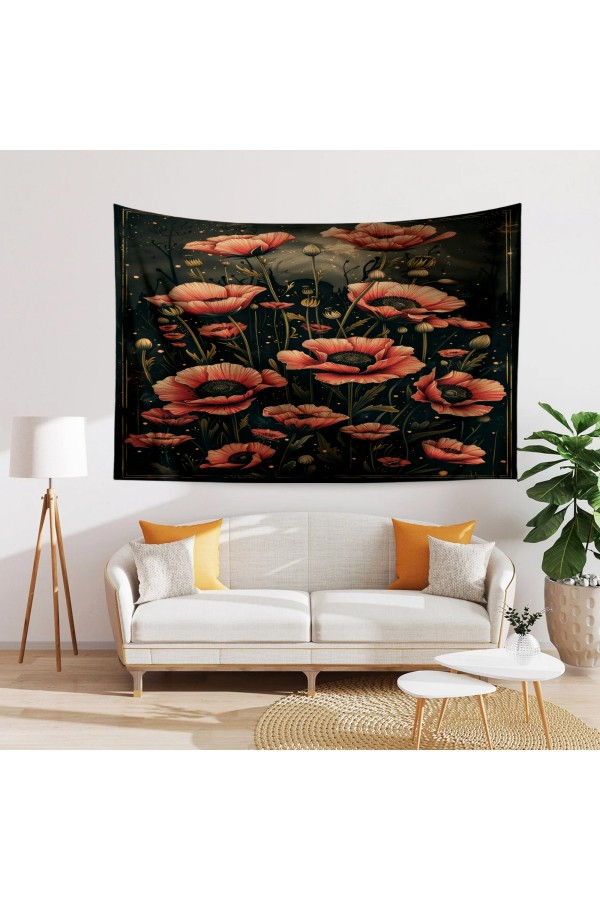 Gothic Kırmızı Çiçekler Desenli Duvar Örtüsü Duvar Halısı Tapestry