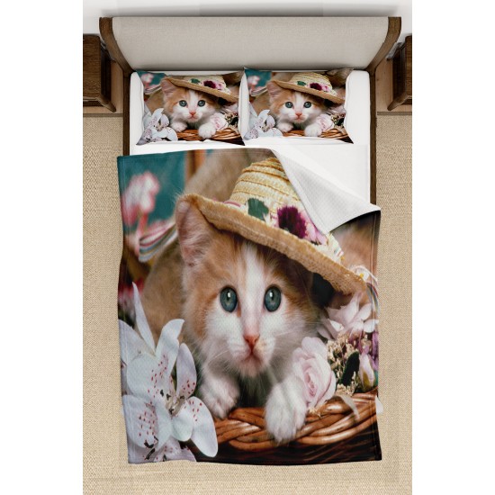 Else Sevimli Şapkalı Kedi Desenli Yatak Örtüsü Çift Kişilik Pike Takımı