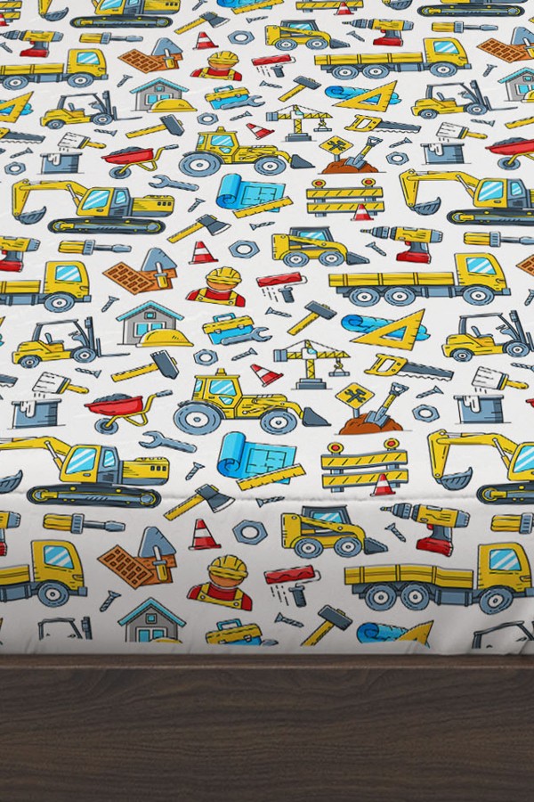 İnşaat Makineleri Kamyon Desenli Erkek Çocuk Tek Kişilik Yastıklı Lastikli Çarşaf Takımı 100x200cm