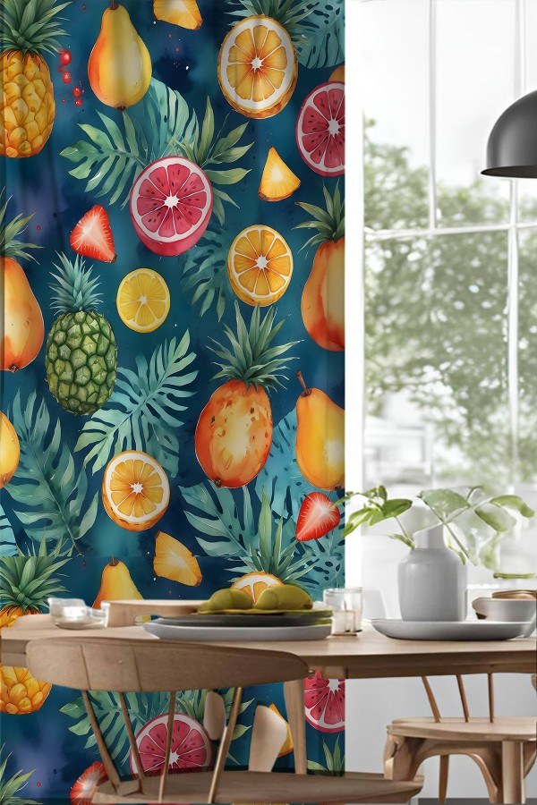 Tropikal Meyveler Desenli Djital Baskılı Yemek Odası Mutfak Fon Perde 140x260cm Tropikal Meyveler Desenli Djital Baskılı Yemek Odası Mutfak Fon Perde 140x260cm