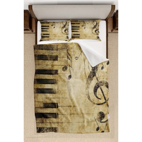 Else Sarı Siyah Notalar Piyano Desenli Yatak Örtüsü Çift Kişilik Pike Takımı