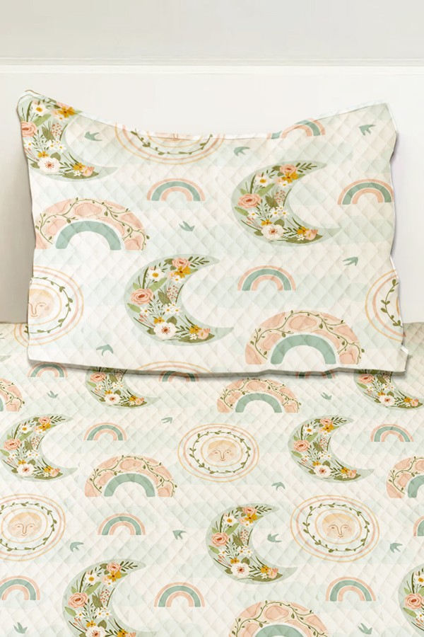 Boho Gökkuşağı Desenli Kız Çocuk Tek Kişilik Pike Takımı Kapitoneli Yatak Örtüsü