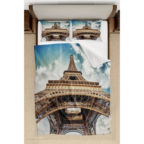 Else Paris Eyfel Kulesi Desenli Yatak Örtüsü Çift Kişilik Pike Takımı