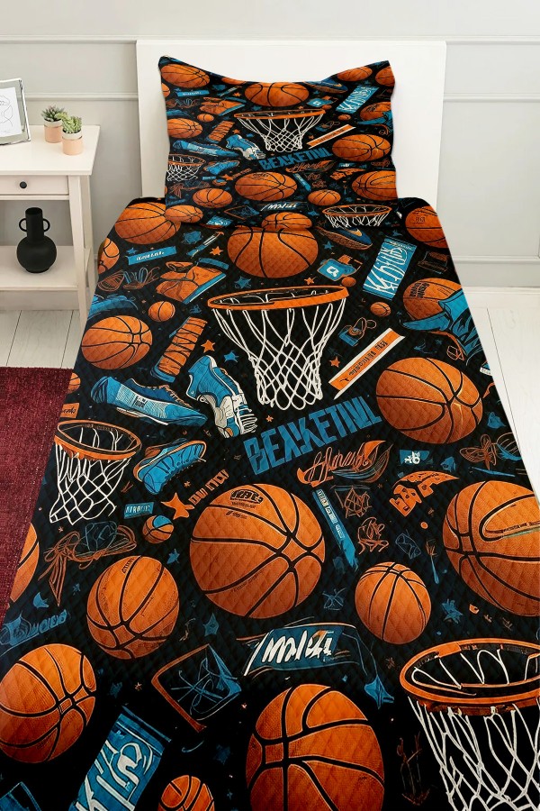 Basketbol Topları Desenli Erkek Çocuk Tek Kişilik Pike Takımı Kapitoneli Yatak Örtüsü