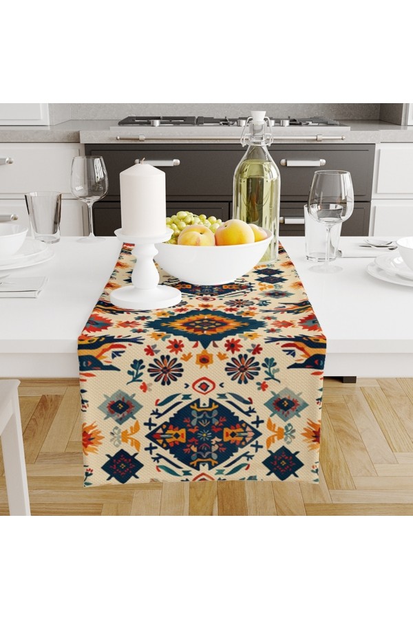 Retro Otantik Desenli Dijital Baskılı Leke Tutmaz Dertsiz Dekoratif Runner Örtüsü 40x140cm