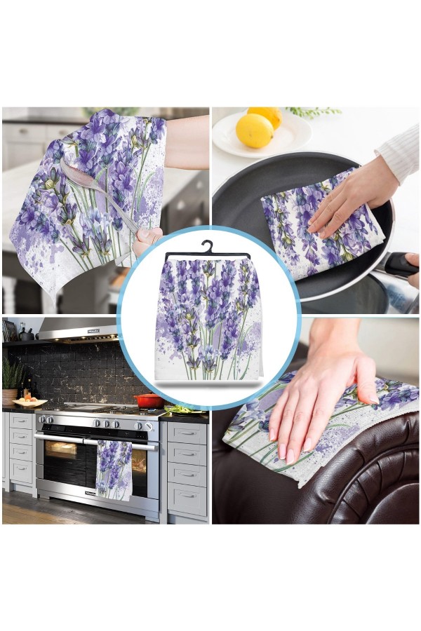 Else Dekor Mor Lavanta Desenli Mikrofiber Mutfak Havlusu Kurulama Bezi Su Emici El Yüz Havlusu