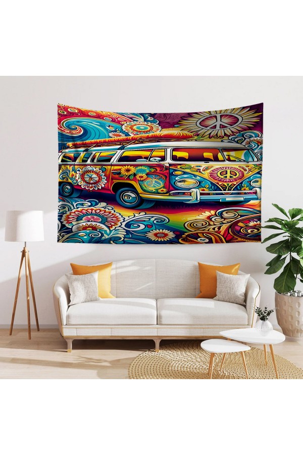 Hippi Renkli Otobüs Desenli Duvar Örtüsü Duvar Halısı Tapestry Hippi Renkli Otobüs Desenli Duvar Örtüsü Duvar Halısı Tapestry