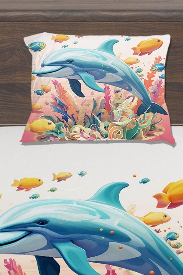 Balıklar Yunus Deniz Desenli Kız Çocuk Tek Kişilik Yastıklı Lastikli Çarşaf Takımı 100x200cm