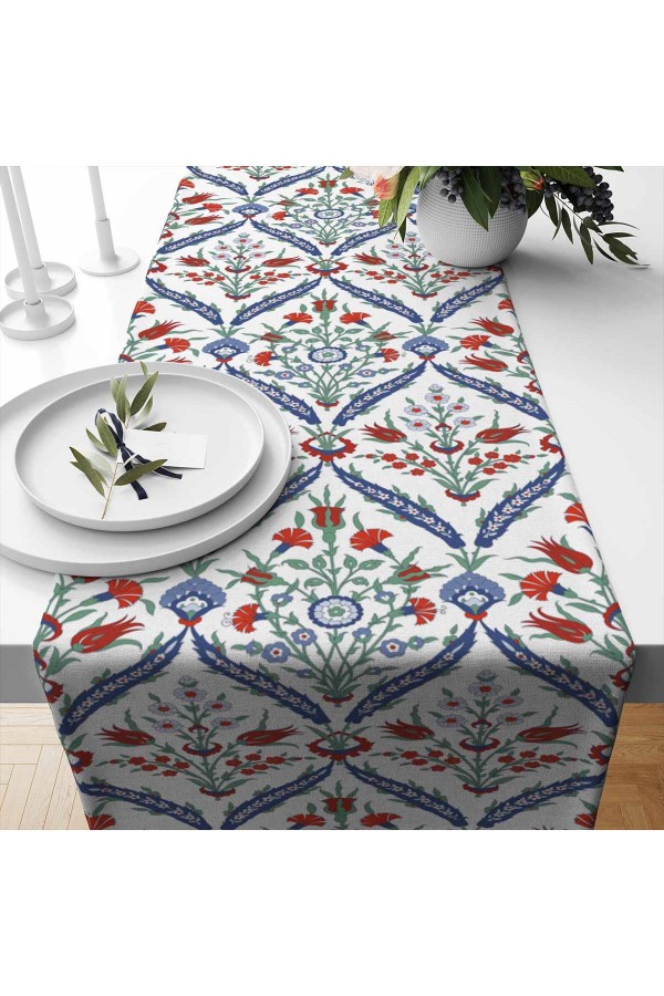 Osmanlı Çini Lale Desenli Dijital Baskılı Leke Tutmaz Dertsiz Dekoratif Runner Örtüsü 40x140cm