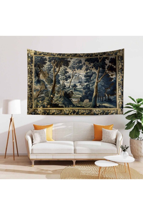 Fransız Vintage Orman Desenli Duvar Örtüsü Duvar Halısı Tapestry