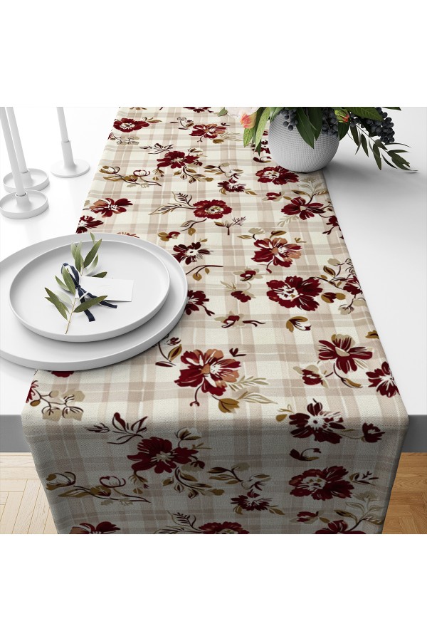 Kareli Çiçekli Desenli Dijital Baskılı Leke Tutmaz Dertsiz Dekoratif Runner Örtüsü 40x140cm