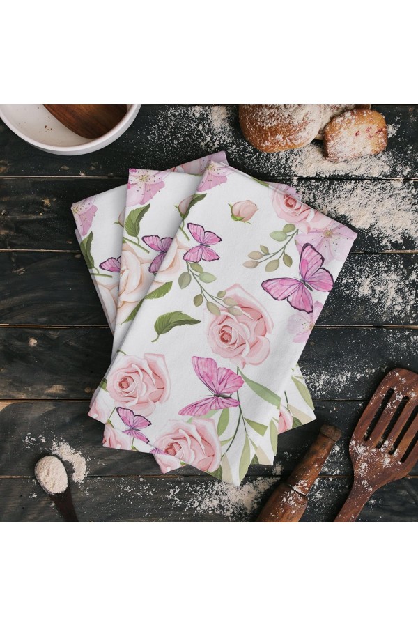Else Dekor Pembe Kelebek Çiçek Desen Mikrofiber Mutfak Havlusu Kurulama Bezi Su Emici El Yüz Havlusu