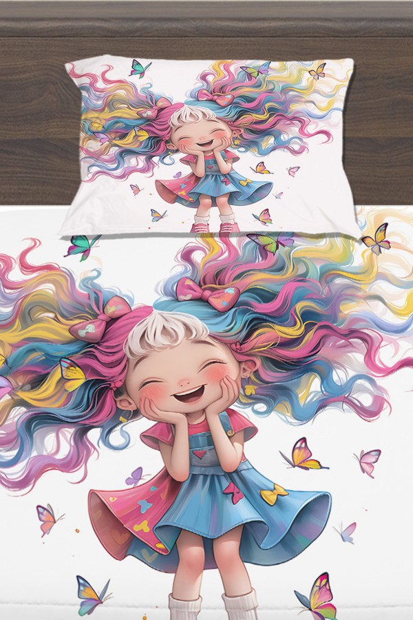 Sevimli Renkli Kız Desenli Çocuk Tek Kişilik Yastıklı Lastikli Çarşaf Takımı 100x200cm Sevimli Renkli Kız Desenli Çocuk Tek Kişilik Yastıklı Lastikli Çarşaf Takımı 100x200cm