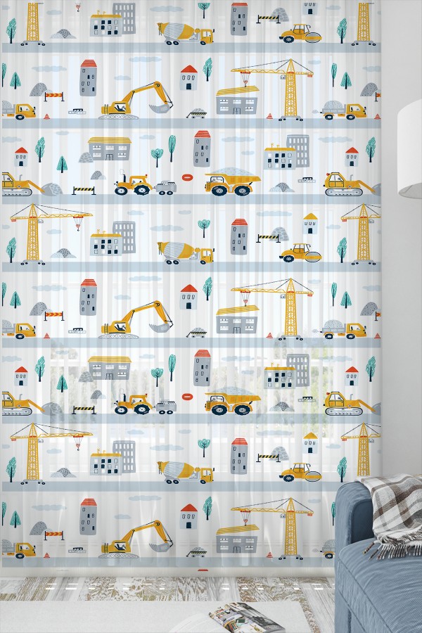 İş Makineleri İnşaat Desenli Erkek Çocuk Odası Tül Perde 140x260cm İş Makineleri İnşaat Desenli Erkek Çocuk Odası Tül Perde 140x260cm