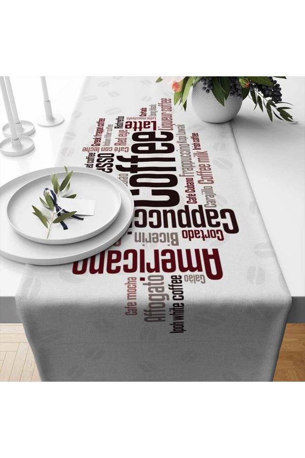 Kahve Yazılar Renkli Desenli Dijital Baskılı Leke Tutmaz Dertsiz Dekoratif Runner Örtüsü 40x140cm Kahve Yazılar Renkli Desenli Dijital Baskılı Leke Tutmaz Dertsiz Dekoratif Runner Örtüsü 40x140cm