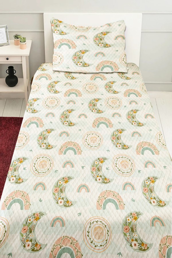 Boho Gökkuşağı Desenli Kız Çocuk Tek Kişilik Pike Takımı Kapitoneli Yatak Örtüsü