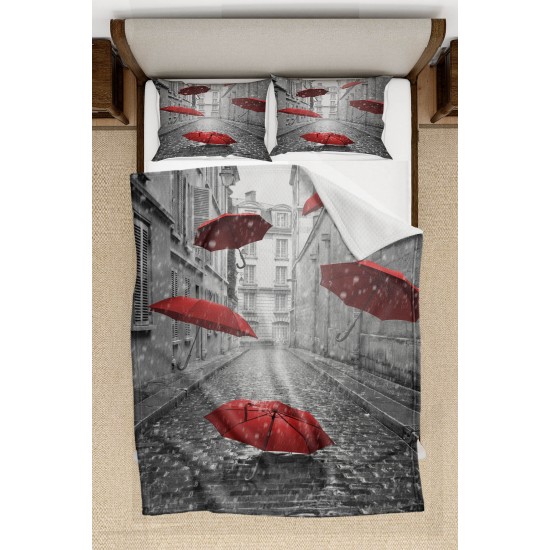 Else Gri Sokak Kırmızı Şemsiyeler Desenli Yatak Örtüsü Çift Kişilik Pike Takımı