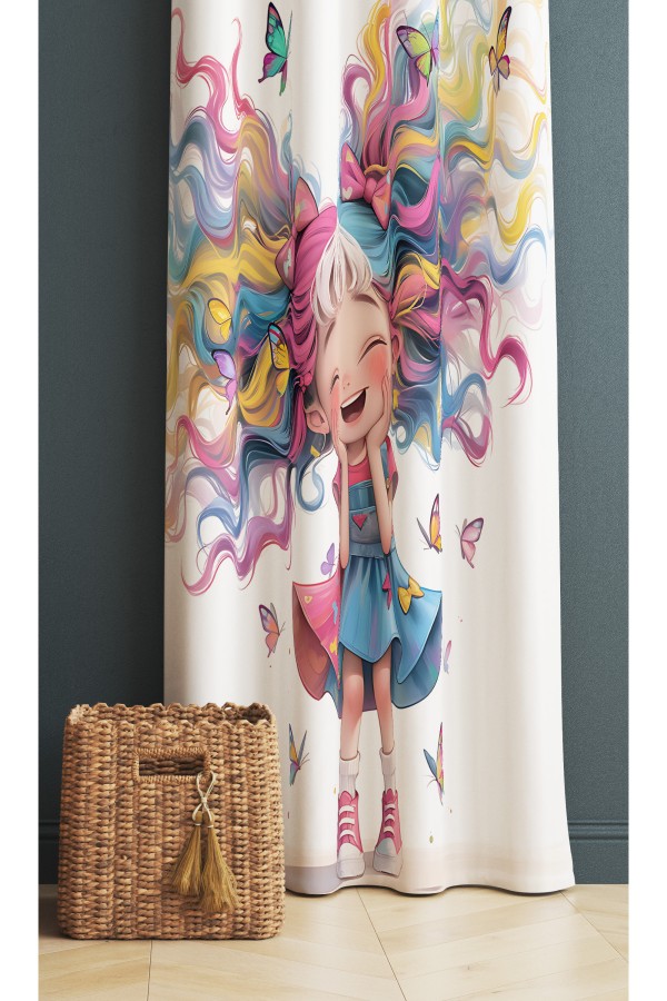 Sevimli Renkli Kız Desenli Çocuk Odası Fon Perde 140x260cm Sevimli Renkli Kız Desenli Çocuk Odası Fon Perde 140x260cm