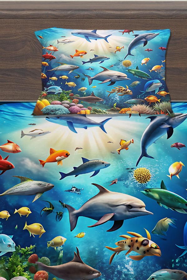 Su Altı Deniz Dünyası Balıklar Desenli Çocuk Tek Kişilik Yastıklı Lastikli Çarşaf Takımı 100x200cm Su Altı Deniz Dünyası Balıklar Desenli Çocuk Tek Kişilik Yastıklı Lastikli Çarşaf Takımı 100x200cm