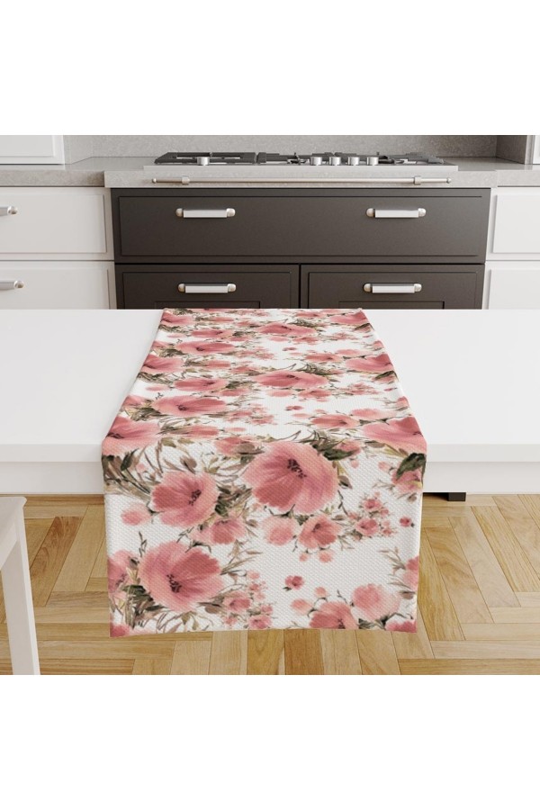 Pembe Çiçekler Desenli Dijital Baskılı Leke Tutmaz Dertsiz Dekoratif Runner Örtüsü 40x140cm
