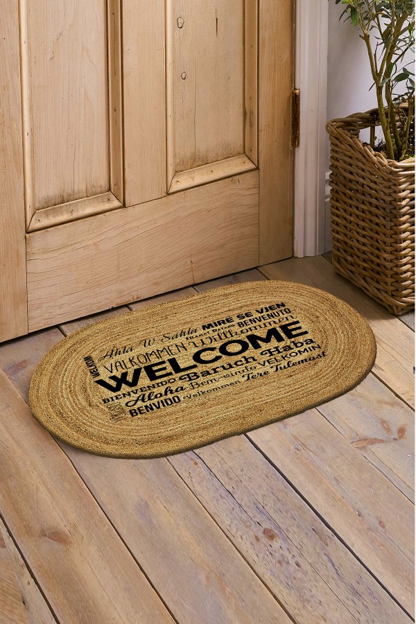 Else Dekor Welcome Yazılar Çift Taraflı El Örgüsü Jüt Oval İç ve Dış Kapı Önü Paspası Else Dekor Welcome Yazılar Çift Taraflı El Örgüsü Jüt Oval İç ve Dış Kapı Önü Paspası
