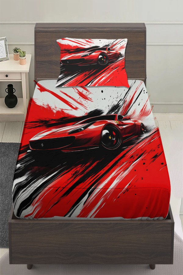 Kırmızı Yarış Araba Desenli Erkek Çocuk Tek Kişilik Yastıklı Lastikli Çarşaf Takımı 100x200cm