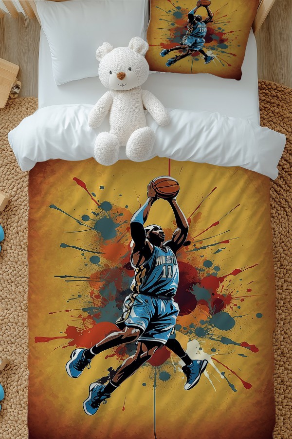 Basketbol Oyuncu Desenli Erkek Çocuk Tek Kişilik Nevresim Takımı Yastık Kılıflı