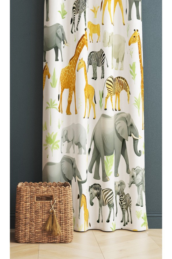 Safari Afrika Hayvanları Desenli Erkek Çocuk Odası Fon Perde 140x260cm