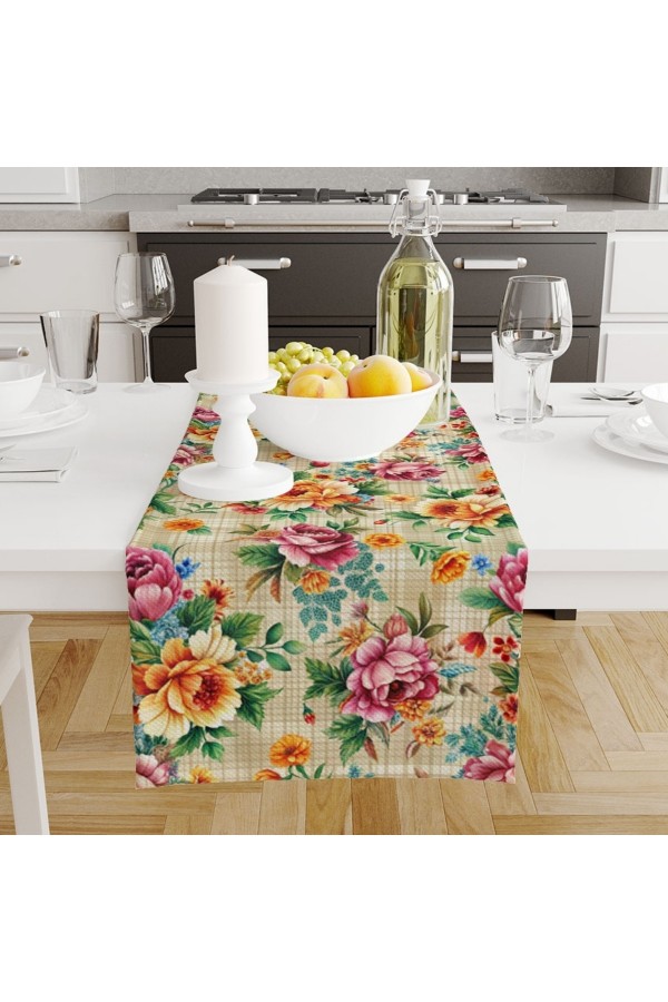 Renkli Güller Kareli Desenli Dijital Baskılı Leke Tutmaz Dertsiz Dekoratif Runner Örtüsü 40x140cm