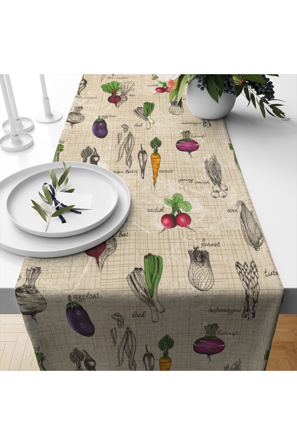 Renkli Sebzeler Desenli Dijital Baskılı Leke Tutmaz Dertsiz Dekoratif Runner Örtüsü 40x140cm