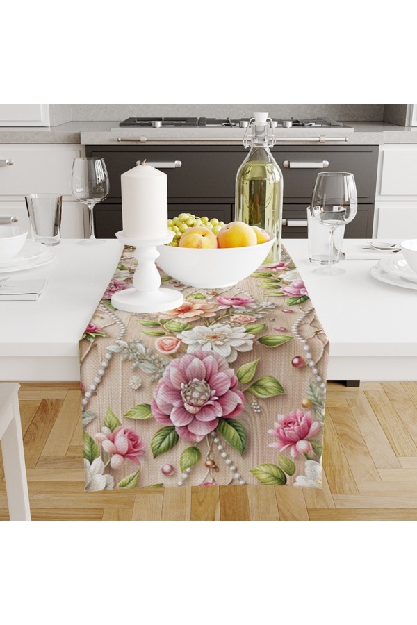 İnci Çiçekli Desenli Dijital Baskılı Leke Tutmaz Dertsiz Dekoratif Runner Örtüsü 40x140cm