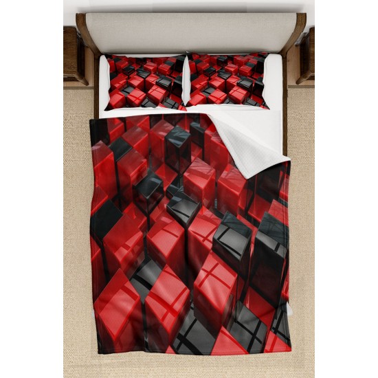 Else Kırmızı Siyah Kutular Desenli Yatak Örtüsü Çift Kişilik Pike Takımı